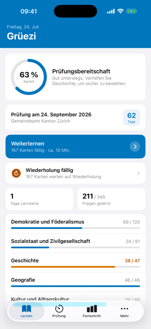 Einbürgerung ZH — Startbildschirm mit Prüfungsbereitschaft und Lernplan